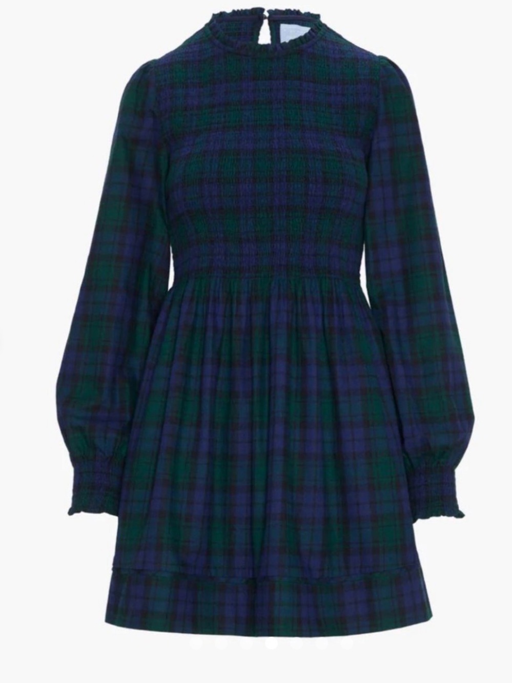 Smocked Long-Sleeve Plaid Mini Dress in Green and Blue